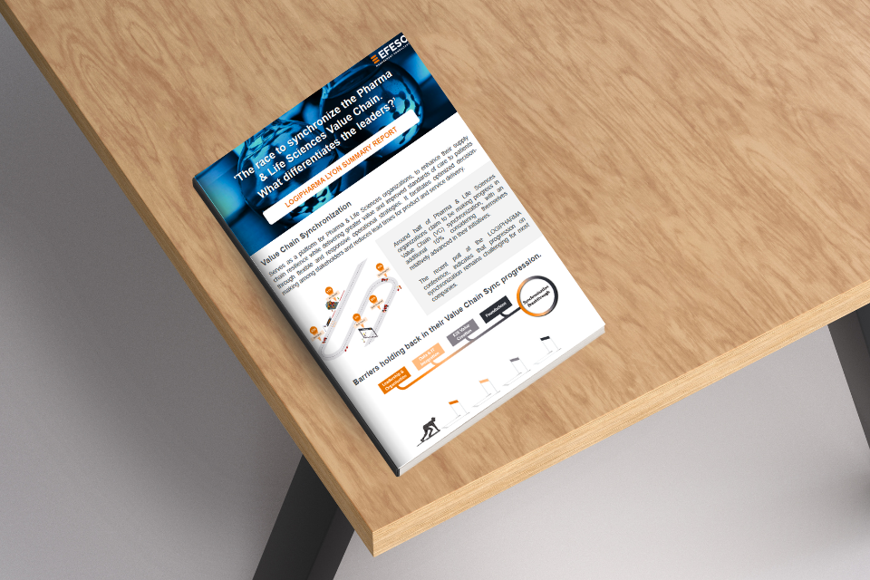 A brochure about single-use pharmaceutical systems rests on a wooden desk. The cover features a blue header, text, diagrams, and flowcharts explaining bioprocessing technology and value chain synchronization in the life sciences sector. EFESO Management Consultants