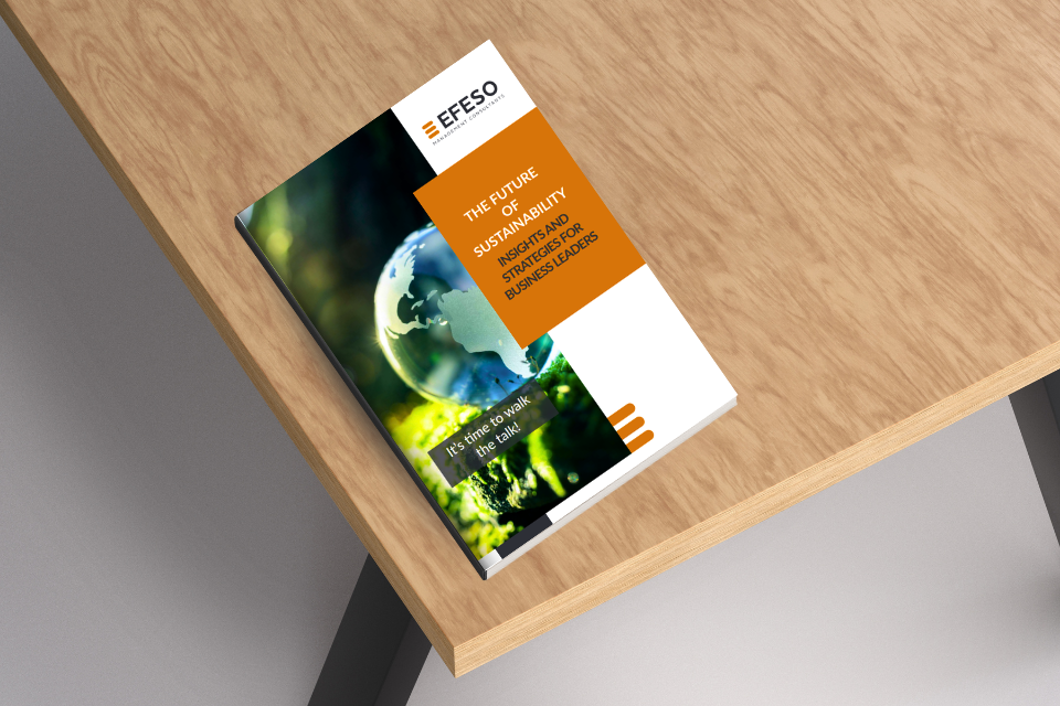 A brochure titled The Future of Sustainability: Strategies and Pathways for Business Leaders from EFESO lies on a wooden table, featuring an image of a globe in greenery and the text It's time to walk the talk on sustainability strategies. EFESO Management Consultants