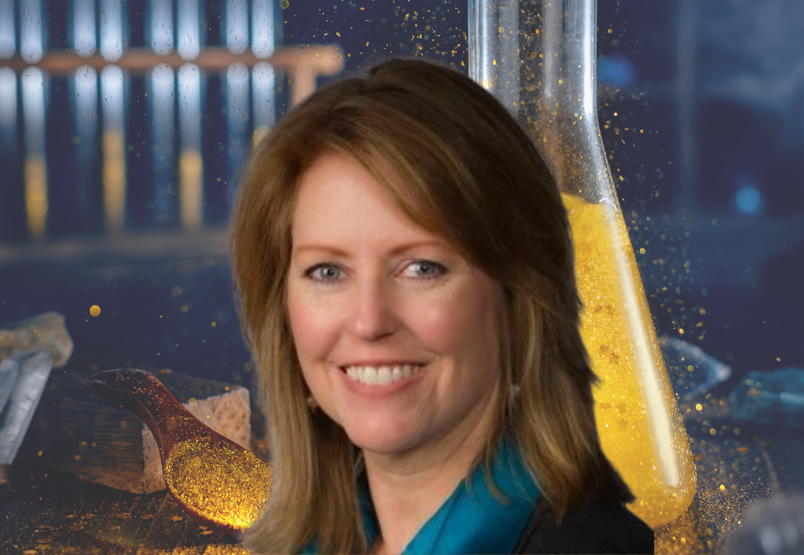 A woman with shoulder-length light brown hair and a blue scarf smiles in front of a blurred background featuring laboratory glassware and a yellow liquid in a flask. EFESO Management Consultants