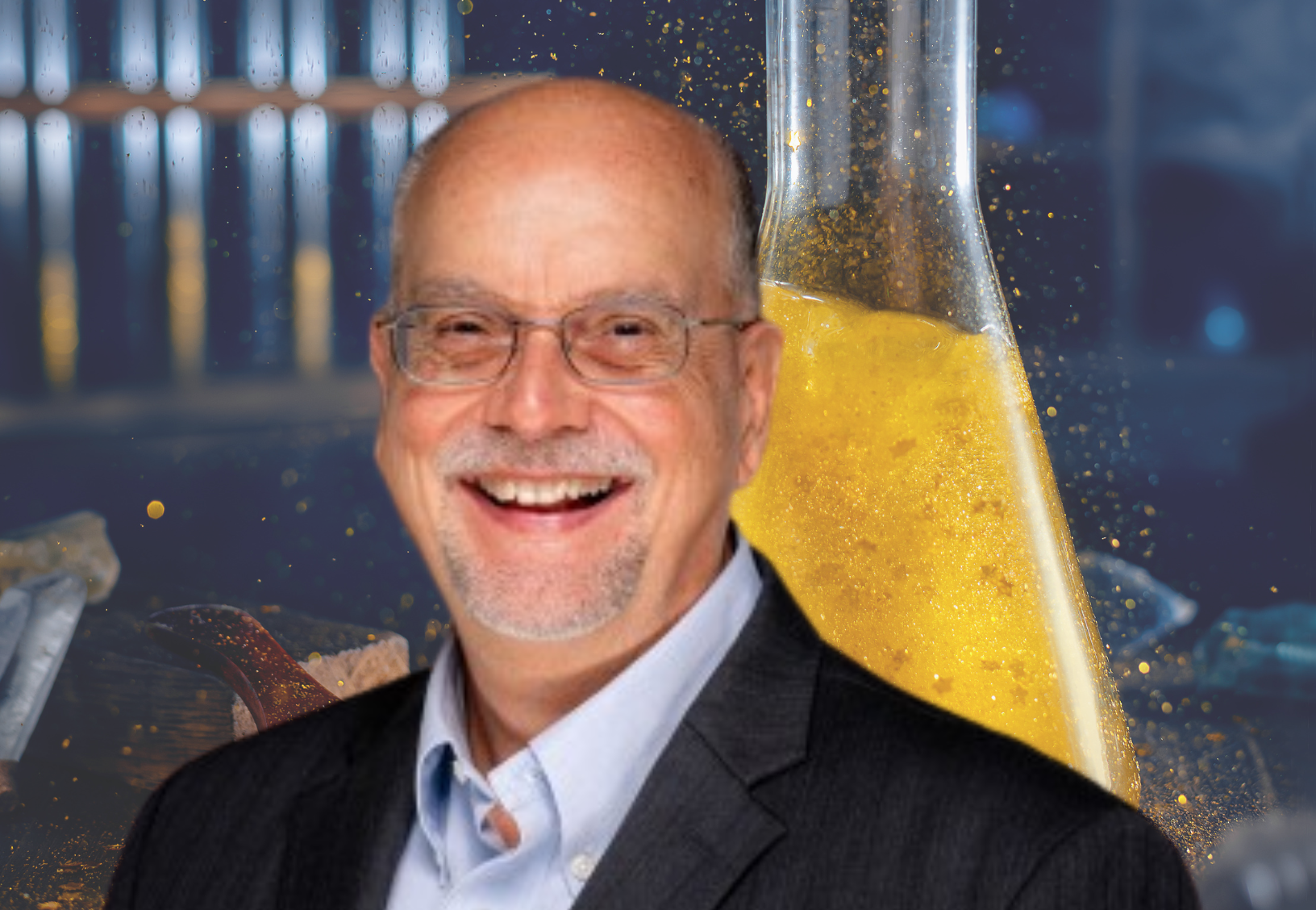 A smiling older man with glasses, a bald head, and a gray goatee wears a suit jacket and collared shirt. Behind him is a large glass flask filled with yellow liquid and a blurred, illuminated background. EFESO Management Consultants