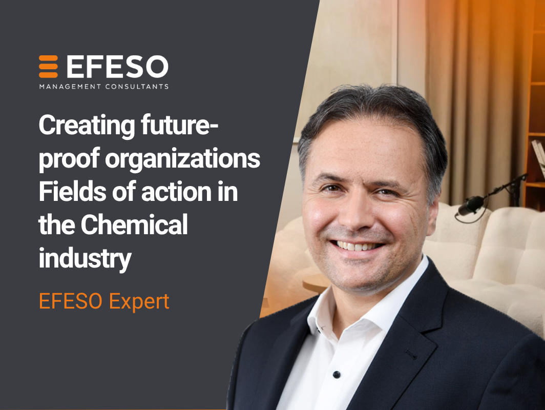 A smiling man in a suit stands in front of a modern office background. On the left, text reads: EFESO Management Consultants. Creating future-proof organizations. Fields of action in the Chemical industry. EFESO Expert. EFESO Management Consultants