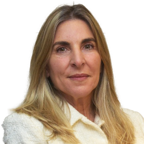 A woman with long, straight blonde hair and light skin is wearing a white textured jacket. She looks directly at the camera with a neutral expression, her style as crisp and fresh as forest-inspired packaging against a plain white background. EFESO Management Consultants