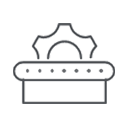A simple line drawing of a gear partially behind a horizontal conveyor belt with small circles, symbolizing industrial automation or machinery. EFESO Management Consultants