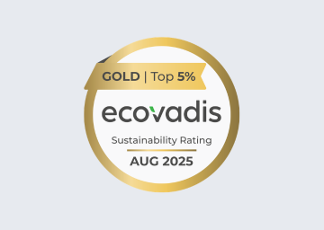 EcoVadis Gold Top 5% badge for Sustainability Rating, showcasing prestigious awards and recognitions, with text indicating the rating is valid through August 2025. A gold ring encircles the logo and text on a light grey background. EFESO Management Consultants